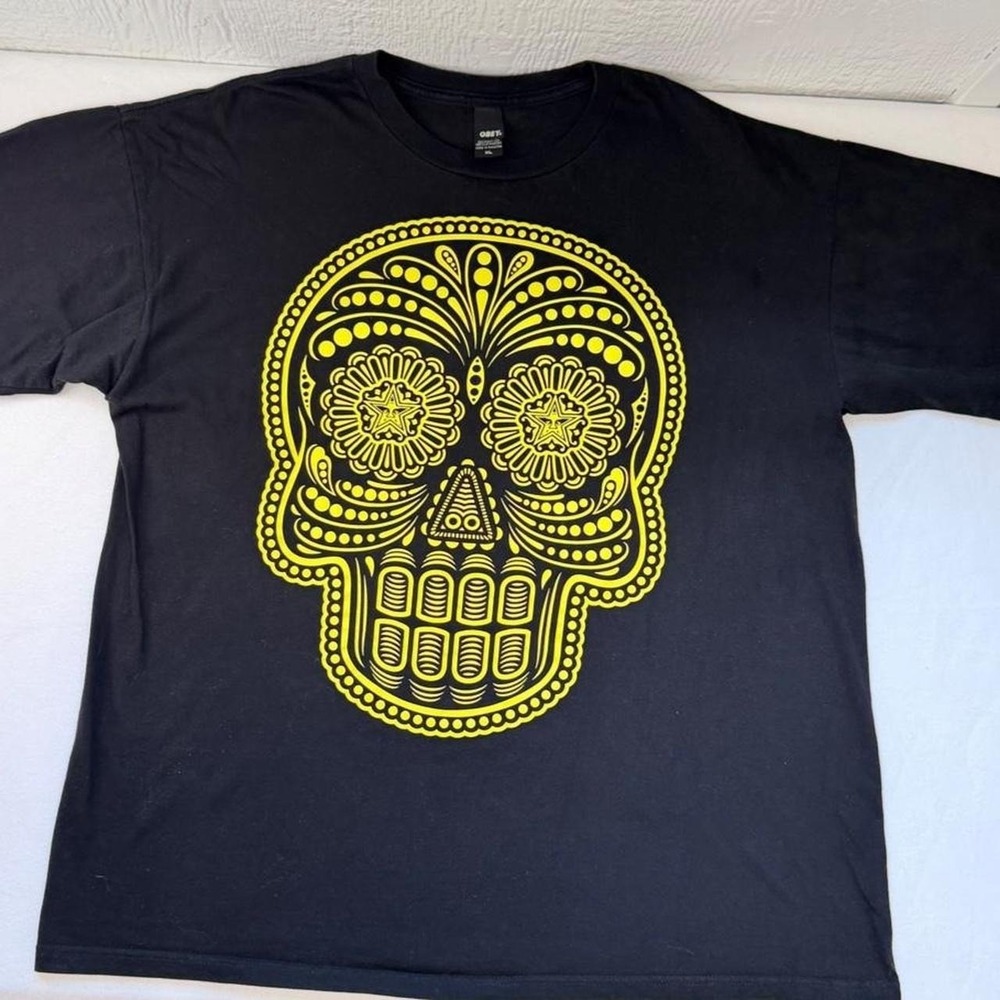 Obey Mens XL Black Sugar Skull Graphic TShirt Neon Yellow Day of the Dead